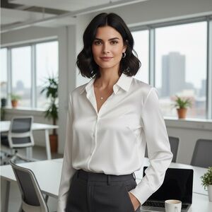 J.ING White Satin Button Down Blouse S/M